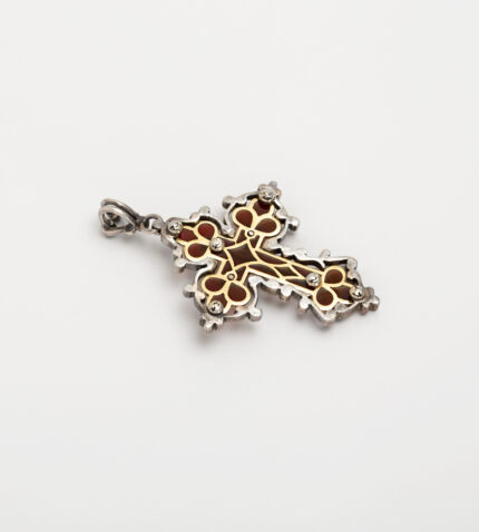 Cruciulita vintage din aur de 18k si argint cu granat si diamante naturale