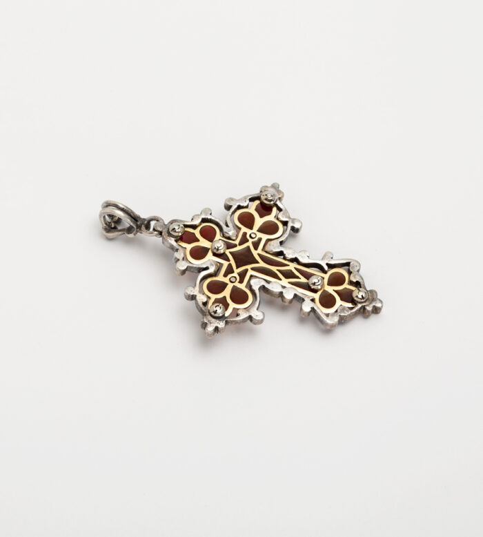 Cruciulita vintage din aur de 18k si argint cu granat si diamante naturale