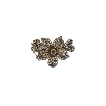 Brosa pandant vintage din aur de 12k si argint cu safire si diamante naturale