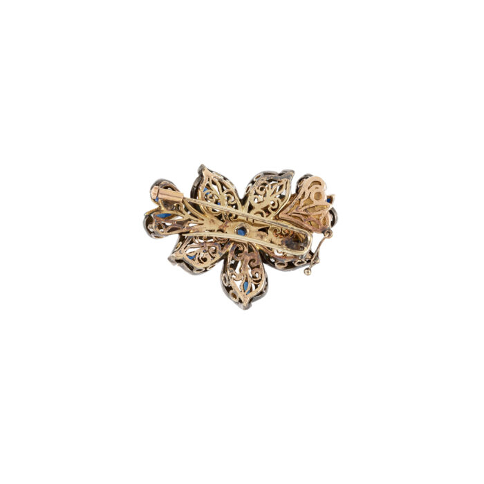 Brosa pandant vintage din aur de 12k si argint cu safire si diamante naturale