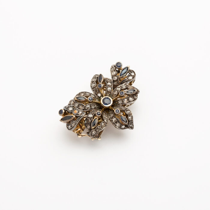 Brosa pandant vintage din aur de 12k si argint cu safire si diamante naturale