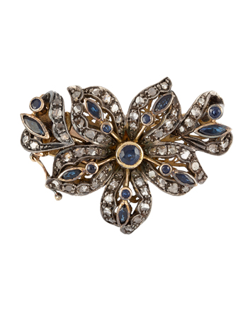 Brosa pandant vintage din aur de 12k si argint cu safire si diamante naturale