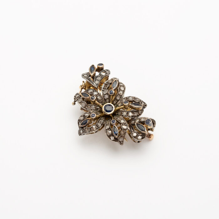 Brosa pandant vintage din aur de 12k si argint cu safire si diamante naturale