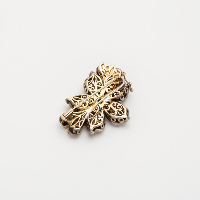 Brosa pandant vintage din aur de 12k si argint cu safire si diamante naturale