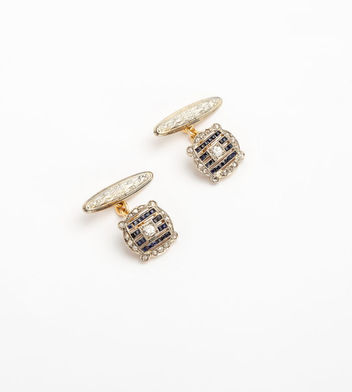 Butoni de camasa Art Deco din aur de 18k si platina cu safire si diamante naturale