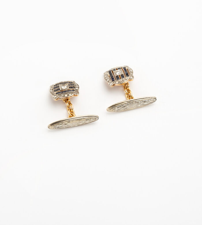 Butoni de camasa Art Deco din aur de 18k si platina cu safire si diamante naturale