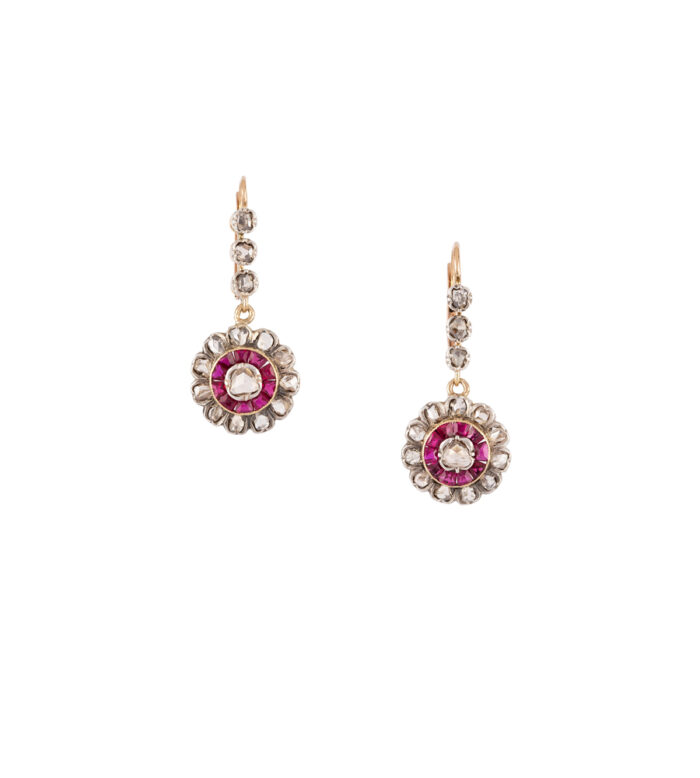 Cercei Art Deco din aur de 18k cu diamante si rubine naturale montate in platina