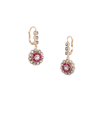 Cercei Art Deco din aur de 18k cu diamante si rubine naturale montate in platina