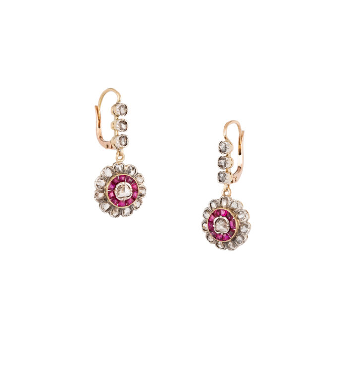 Cercei Art Deco din aur de 18k cu diamante si rubine naturale montate in platina