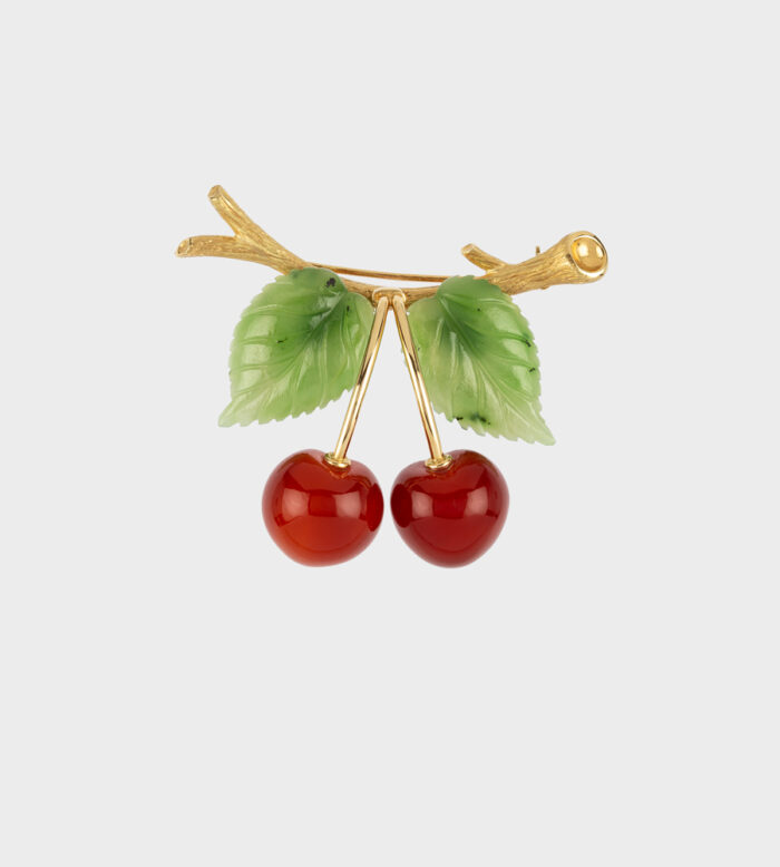 Brosa vintage din aur de 18k cu jad si carneol naturale