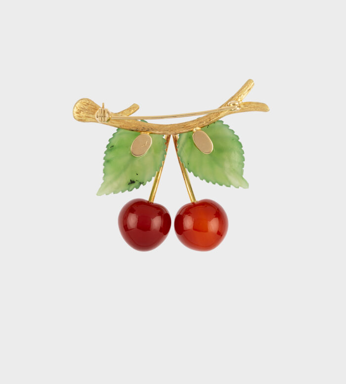 Brosa vintage din aur de 18k cu jad si carneol naturale