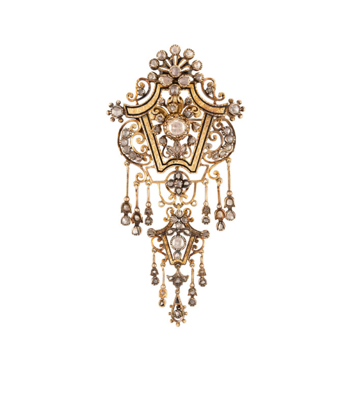 Brosa vintage din aur de 18k cu email negru si diamante naturale