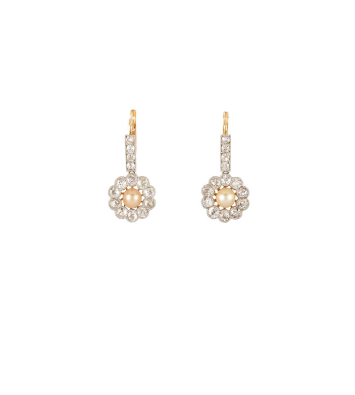 Cercei autentici Art Deco din aur de 18k cu perle si diamante naturale