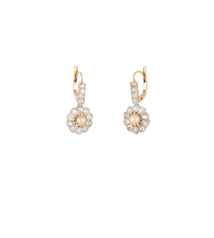 Cercei autentici Art Deco din aur de 18k cu perle si diamante naturale