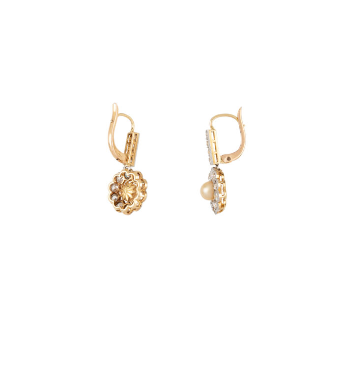 Cercei autentici Art Deco din aur de 18k cu perle si diamante naturale