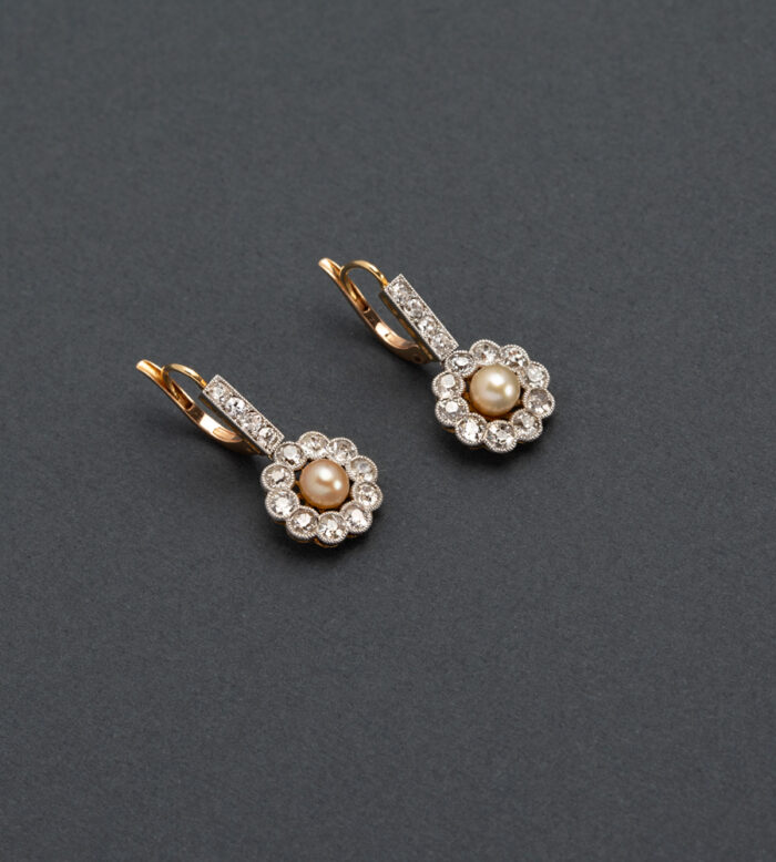 Cercei autentici Art Deco din aur de 18k cu perle si diamante naturale