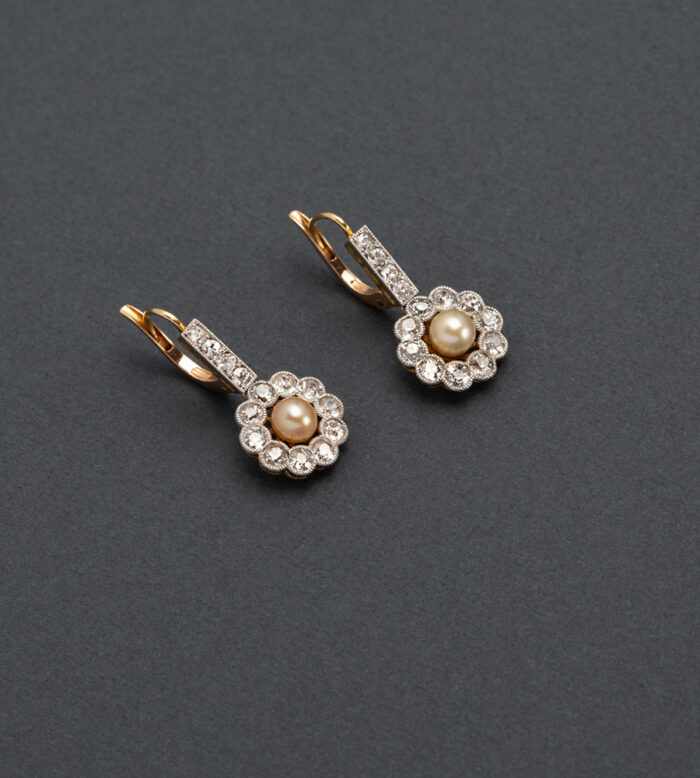 Cercei autentici Art Deco din aur de 18k cu perle si diamante naturale