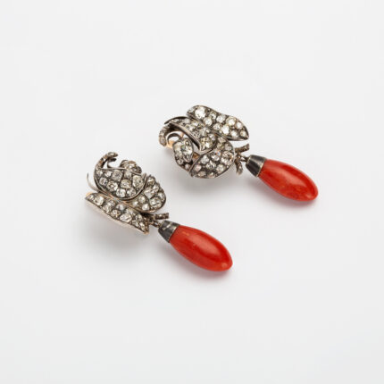 Cercei vintage din aur de 9k si argint, coral si diamante naturale