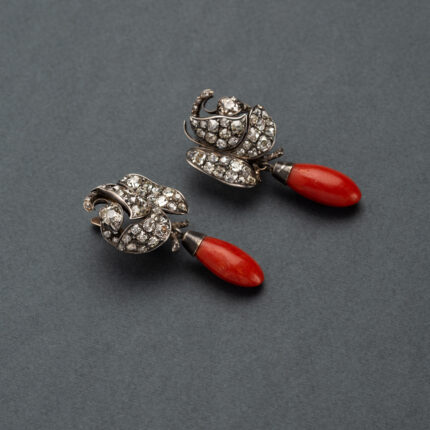 Cercei vintage din aur de 9k si argint, coral si diamante naturale