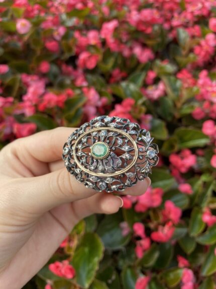 Brosa vintage din aur de 14k cu diamante si smarald natural