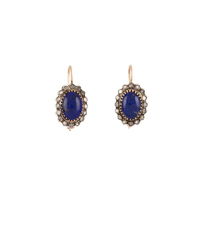 Cercei vintage din aur de 12k cu lapis lazuli si anturaj diamante naturale