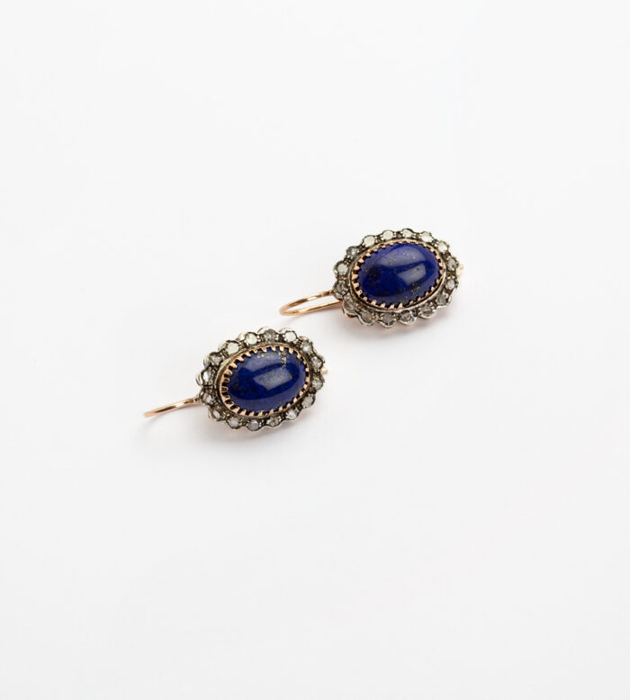 Cercei vintage din aur de 12k cu lapis lazuli si anturaj diamante naturale
