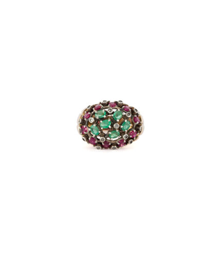 Inel vintage din aur de 14k si argint cu smaralde, rubine si diamante naturale