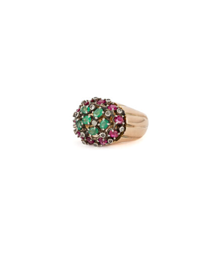 Inel vintage din aur de 14k si argint cu smaralde, rubine si diamante naturale