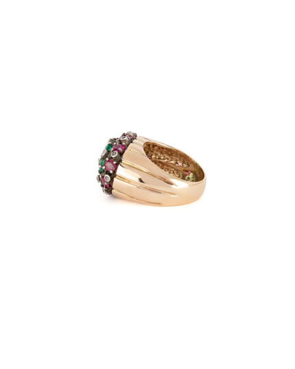Inel vintage din aur de 14k si argint cu smaralde, rubine si diamante naturale