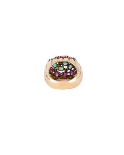 Inel vintage din aur de 14k si argint cu smaralde, rubine si diamante naturale
