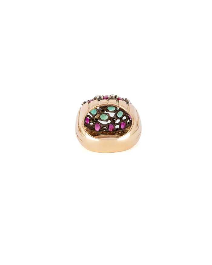Inel vintage din aur de 14k si argint cu smaralde, rubine si diamante naturale