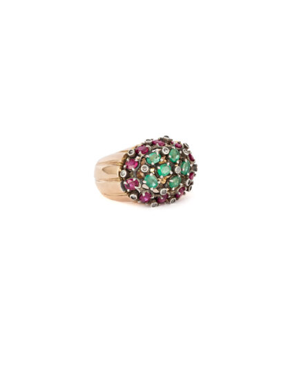 Inel vintage din aur de 14k si argint cu smaralde, rubine si diamante naturale