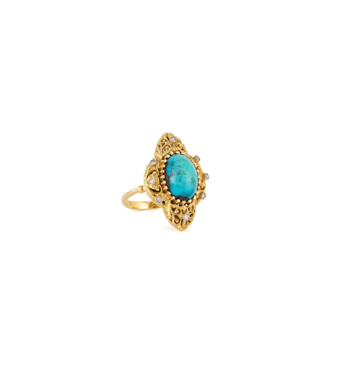 Inel vintage din aur de 18k cu turcoaz si diamante naturale
