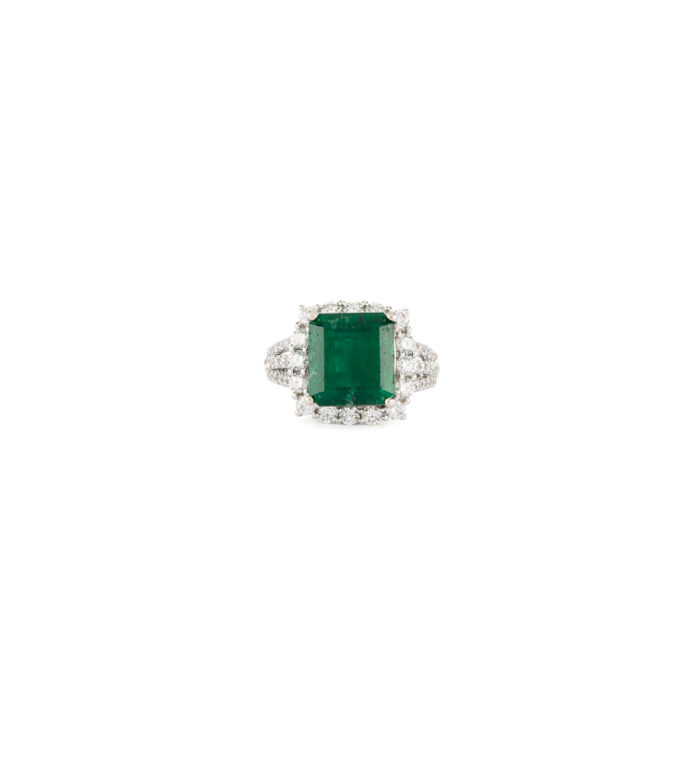 Inel din aur alb de 18k cu smarald si diamante naturale