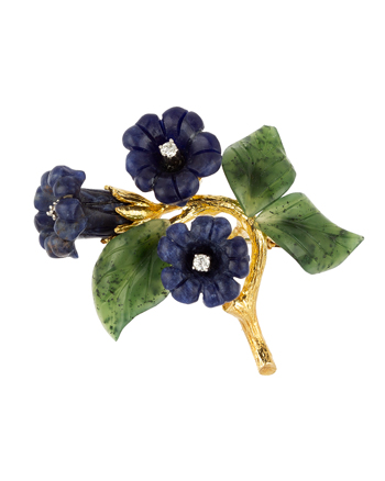 Brosa aur de 18k cu diamante si flori sculptate in ametist