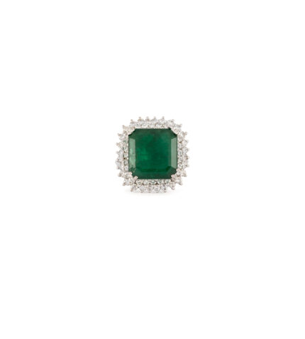 Inel din aur alb de 18k cu smarald si diamante naturale
