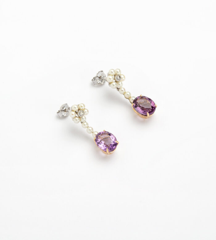 Cercei vintage din aur de 18k cu perlute, ametist si diamante naturale