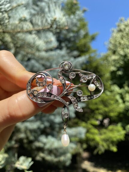 Brosa-pandant Art Nouveau din aur de 18k si argint cu perlute si diamante naturale