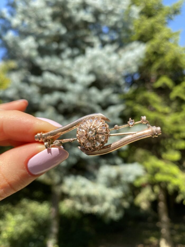 Brosa vintage din aur de 14k cu diamante naturale