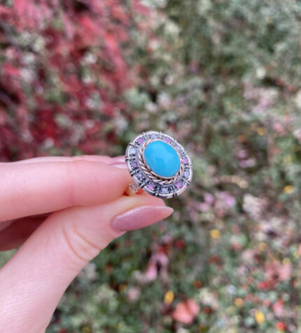 Inel vintage din aur de 12k cu turcoaz, rubine si diamante naturale