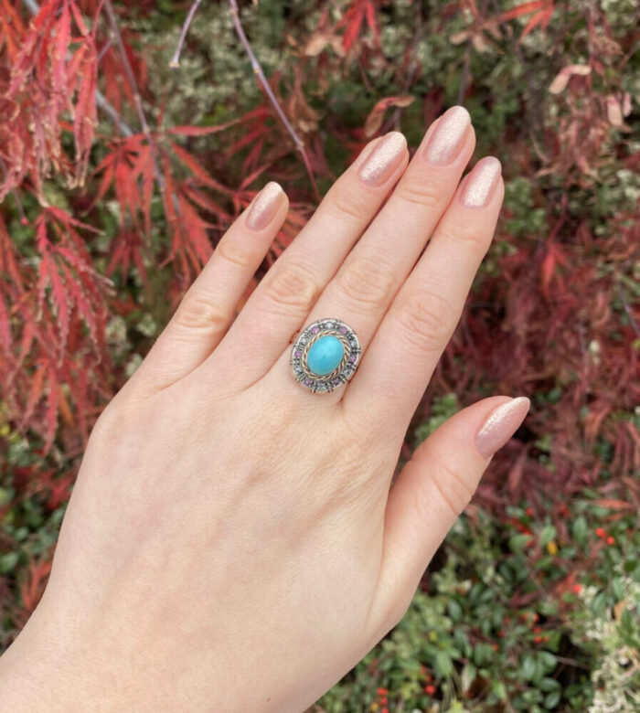 Inel vintage din aur de 12k cu turcoaz, rubine si diamante naturale