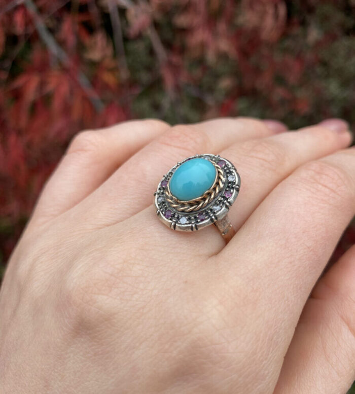 Inel vintage din aur de 12k cu turcoaz, rubine si diamante naturale