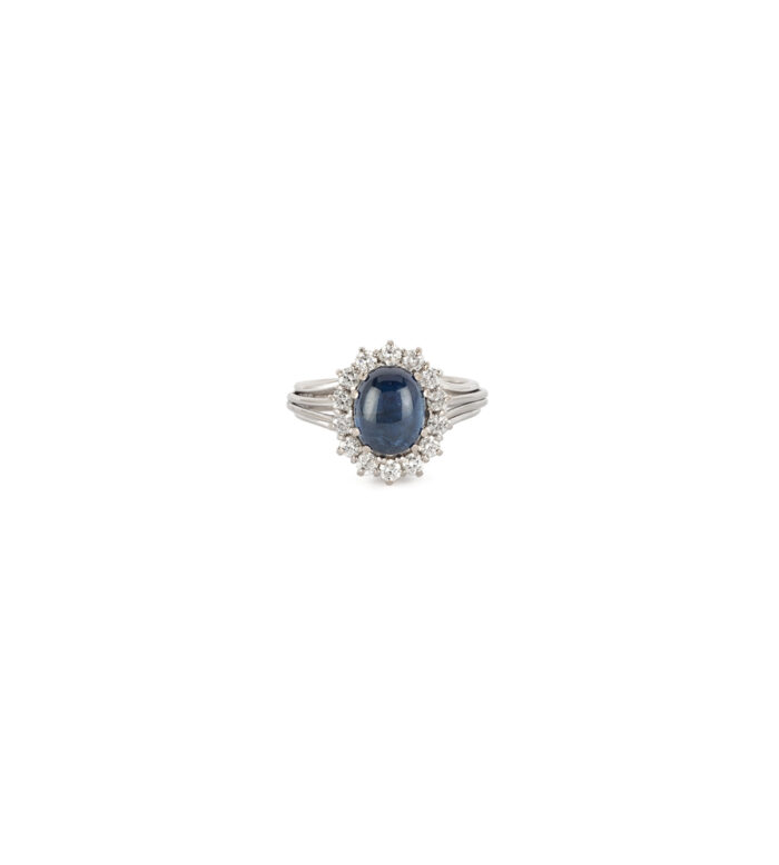 Inel vintage din aur alb de 18k cu safir si diamante naturale
