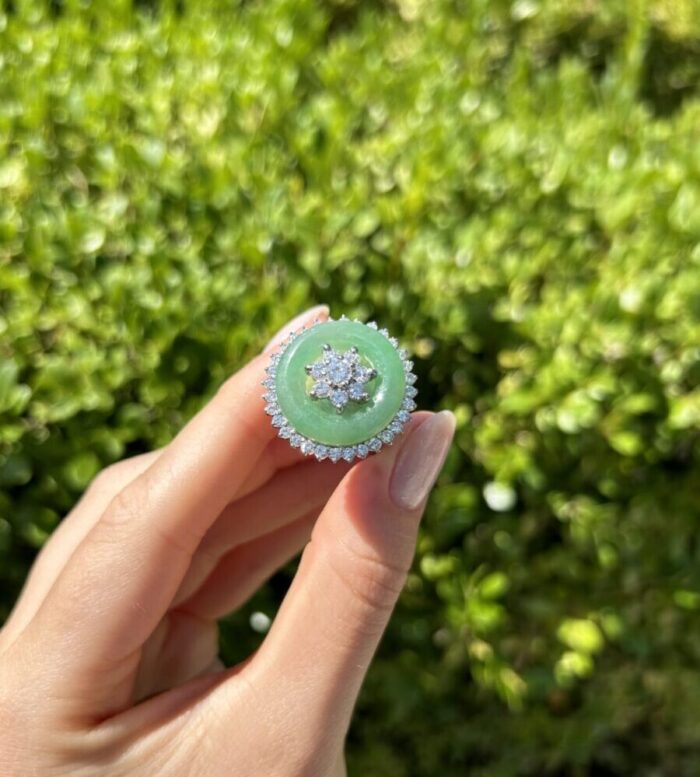 Inel din aur alb de 14k cu jad si diamante naturale