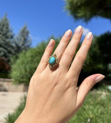 Inel vintage din aur de 18k cu turcoaz si diamante naturale