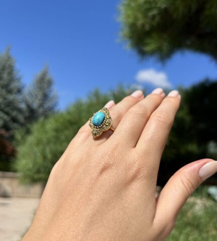Inel vintage din aur de 18k cu turcoaz si diamante naturale