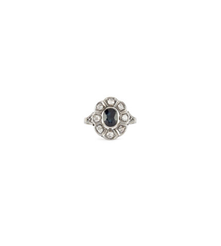 Inel Art Deco din aur alb de 18k cu safir si diamante naturale