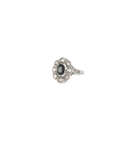 Inel Art Deco din aur alb de 18k cu safir si diamante naturale