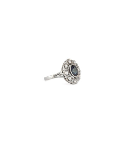 Inel Art Deco din aur alb de 18k cu safir si diamante naturale