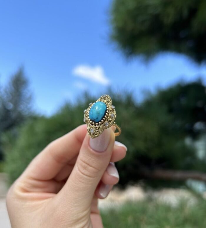 Inel vintage din aur de 18k cu turcoaz si diamante naturale